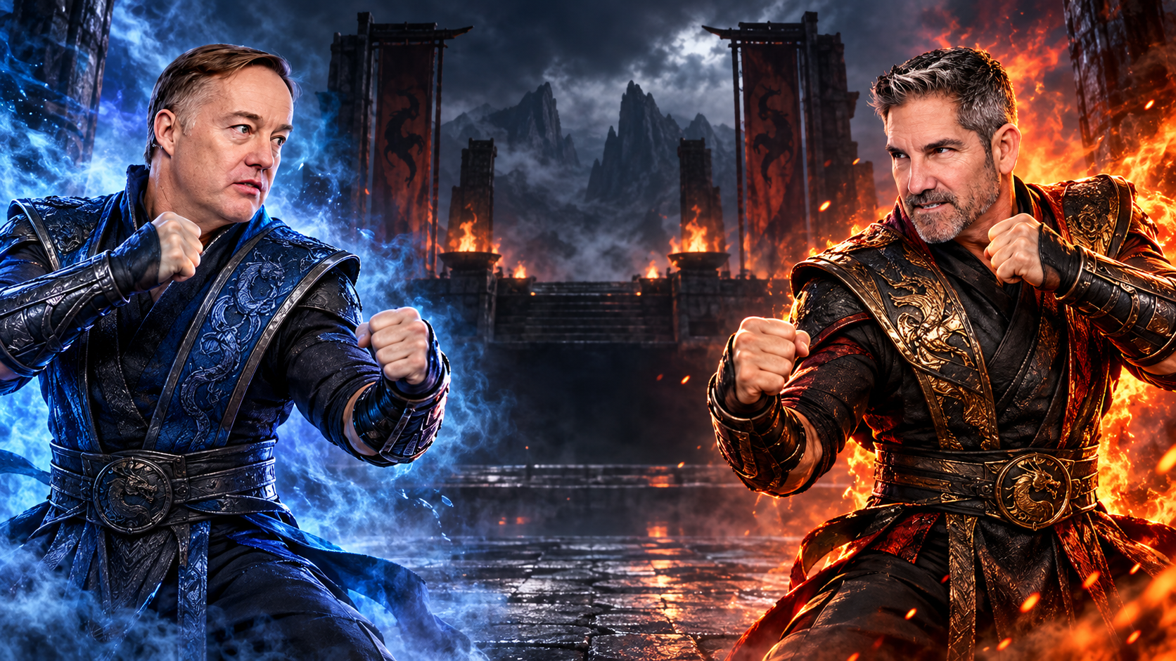 Fictional fight-ready face-off between Jason Calacanis and Grant Cardone, with blue ice and orange fire lighting